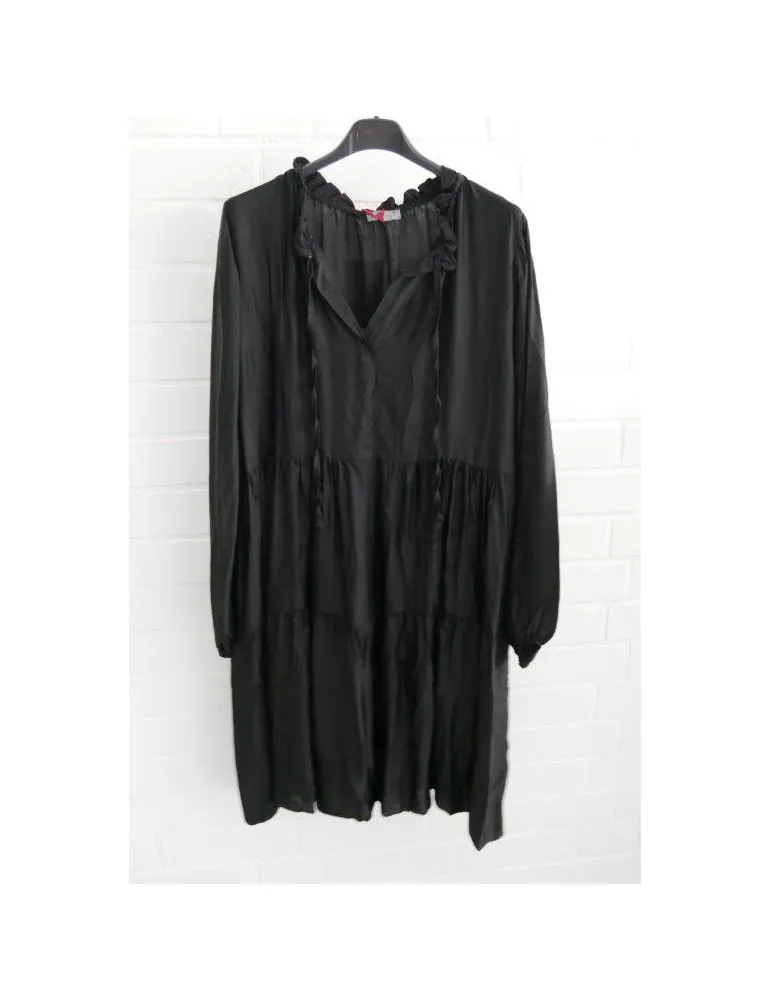 Damen Satin Tunika Kleid A-Form schwarz black uni Bänder Viskose Seide Onesize ca. 36 - 42 10296