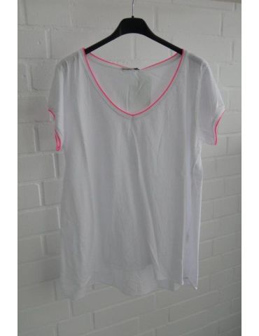 Damen Shirt kurzarm V-Ausschnitt weiß Neon pink Baumwolle Onesize 36 - 42