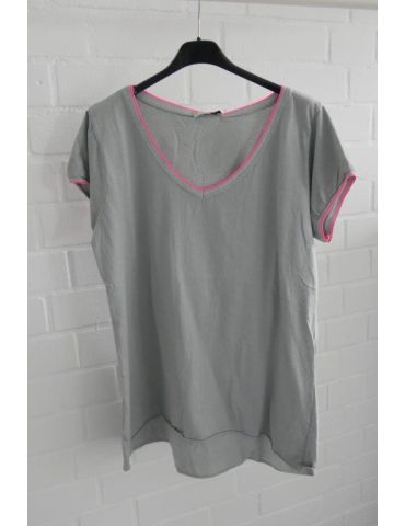 Damen Shirt kurzarm V-Ausschnitt grau Neon pink Baumwolle Onesize 36 - 42