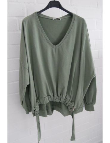Damen Sweat Shirt langarm oliv khaki uni V-Ausschnitt Raffung mit Baumwolle Onesize 38 - 44