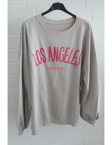 Damen Sweat Shirt langarm beige pink "LOS ANGELES" mit Baumwolle Onesize 36 - 42 7039
