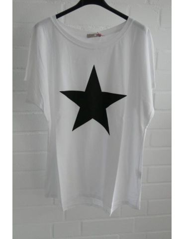 Damen Oversize Shirt kurzarm V-Ausschnitt weiß schwarz Stern mit Baumwolle Onesize 38 - 44
