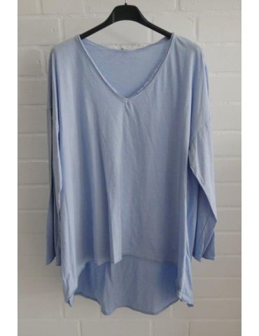 Damen langarm Shirt V-Ausschnitt A-Form hellblau uni verwaschen Baumwolle Onesize 38 - 42 7494