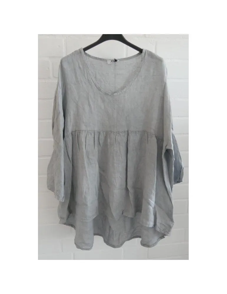 Xuna Damen Bluse Shirt 100% Leinen grau grey Trompetenärmel Onesize 38 40