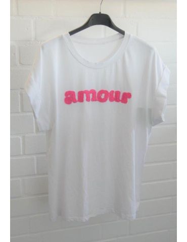 Damen Oversize Shirt kurzarm Rundhals weiß pink "Amour" mit Baumwolle Onesize 36-40