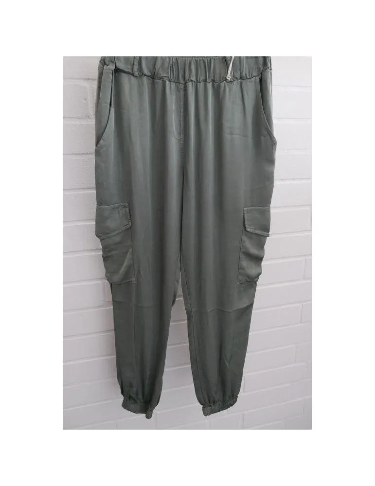Leichte Damen Cargo Hose Satin oliv grün khaki uni Rayon Onesize 36 - 40 92268