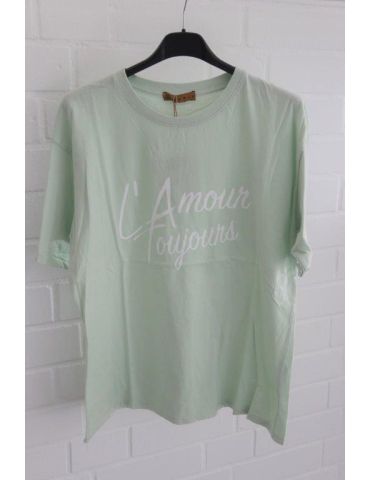 Damen kurzarm Shirt "L´Amour Toujours" mint weiß Baumwolle Onesize ca. 36 - 40