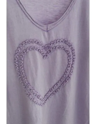 Damen kurzarm Shirt Herz Rüschenband flieder helllila Baumwolle Onesize 36 - 40 603475