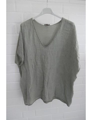 Damen Shirt kurzarm oliv grün khaki uni verwaschen Leinen Baumwolle Onesize 38 - 44 5030