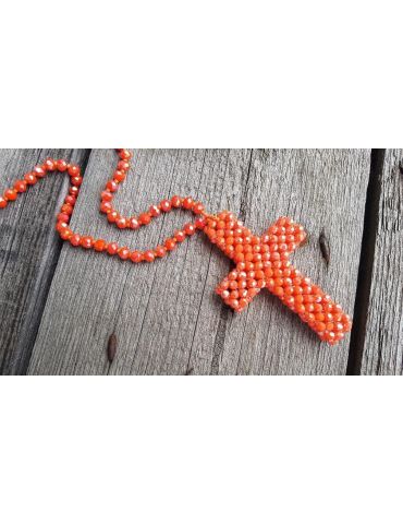 Modeschmuck Kette Halskette lang orange Kristallperlen Kreuz Kunststoff Metall
