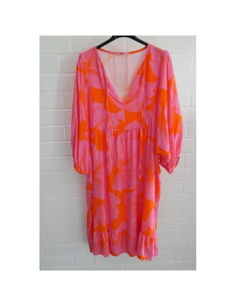 Damen Tunika Kleid A-Form Fledermausärmel orange rose Blüten Bänder Viskose  Onesize 38 - 44 2300