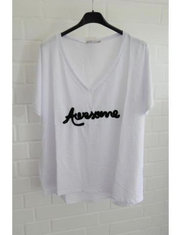 Damen Oversize Shirt kurzarm V-Ausschnitt weiß schwarz "Awesome" Baumwolle Onesize 38 - 44