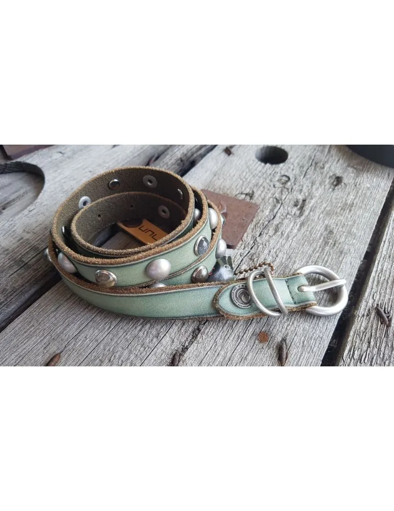 Damen Gürtel oliv grün echtes Glatt Leder Nieten silberne Schnalle 95 cm