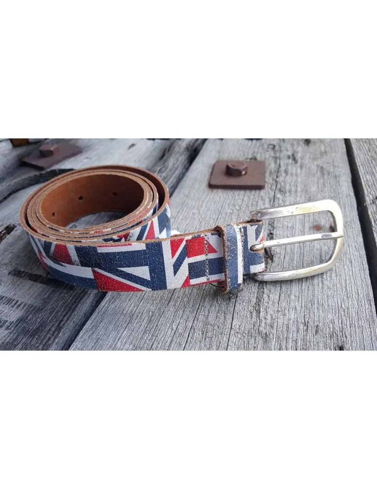 Damen Gürtel weiß rot blau Englische Fahne echtes Leder altsilberne Schnalle 95 cm