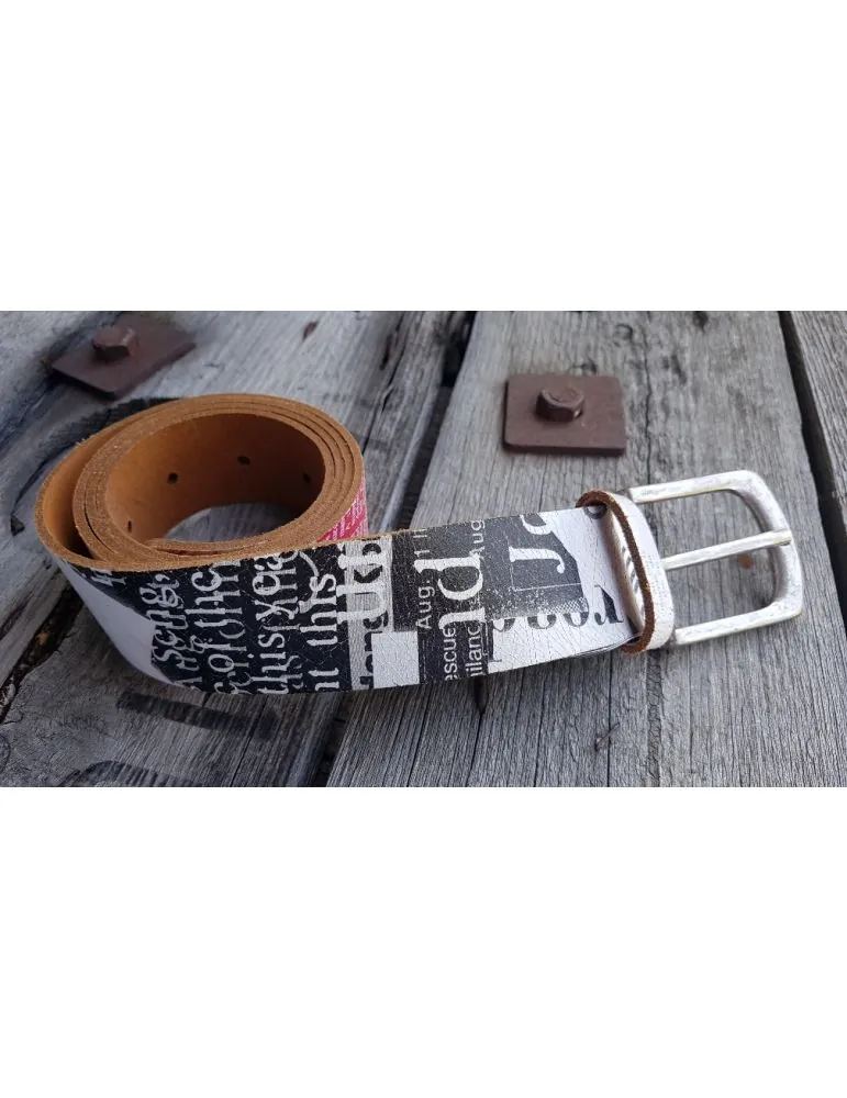 Damen Gürtel weiß rot schwarz Zeitungsausschnitte echtes Leder altsilberne Schnalle 95 cm