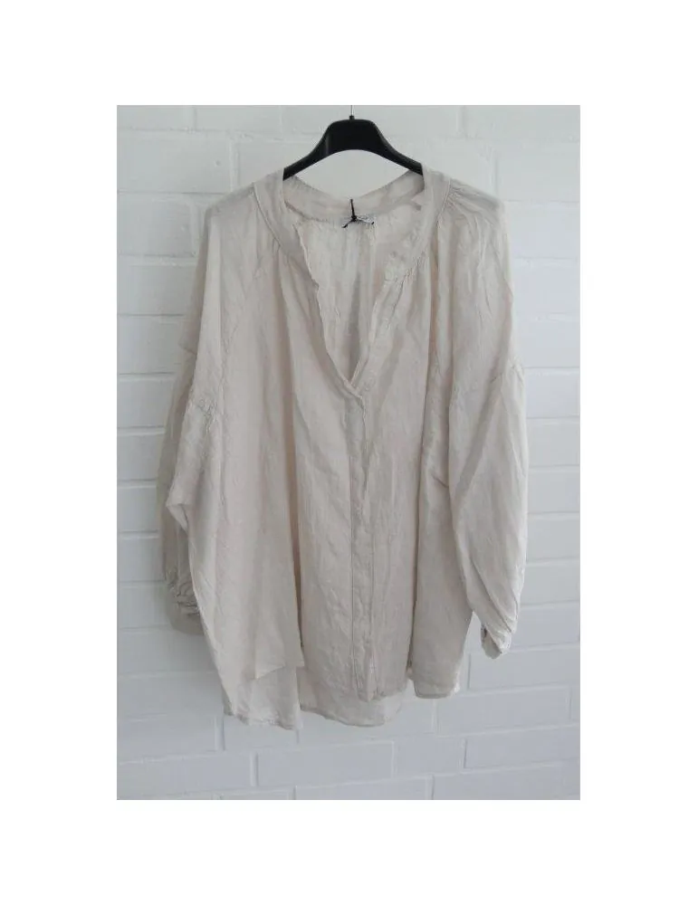 Xuna Oversize Damen Bluse Shirt 100% Leinen beige Ballonärmel Piratenbluse Onesize 38 - 48
