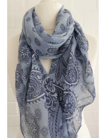 Schal Tuch Loop Made in Italy Seide Baumwolle jeansblau dunkelblau weiß großes Paisly