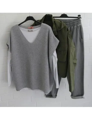 Damen Shirt langarm hellgrau meliert mit Baumwolle Onesize 38 - 44 1282