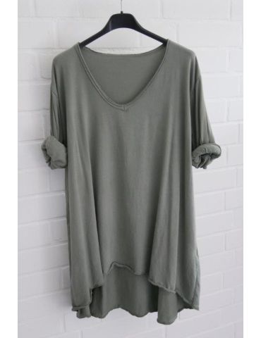 Damen langarm Shirt A-Form V-Ausschnitt khaki oliv grün uni Baumwolle Onesize 38 - 44 6561 LA