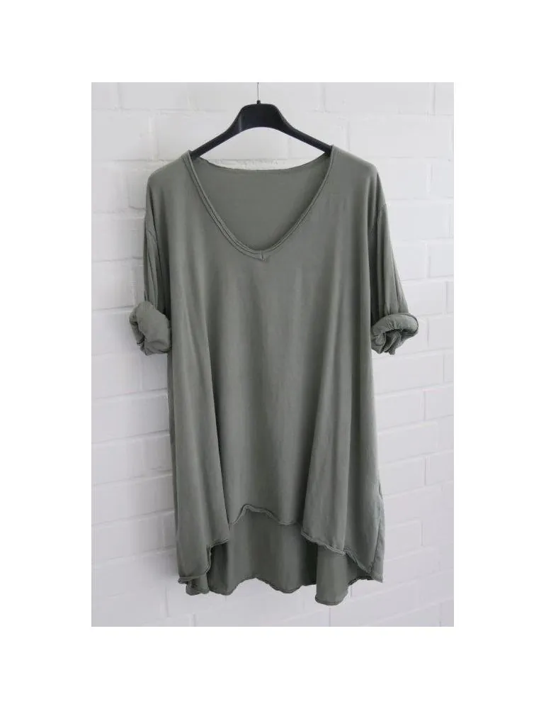 Damen langarm Shirt A-Form V-Ausschnitt khaki oliv grün uni Baumwolle Onesize 38 - 44 6561 LA