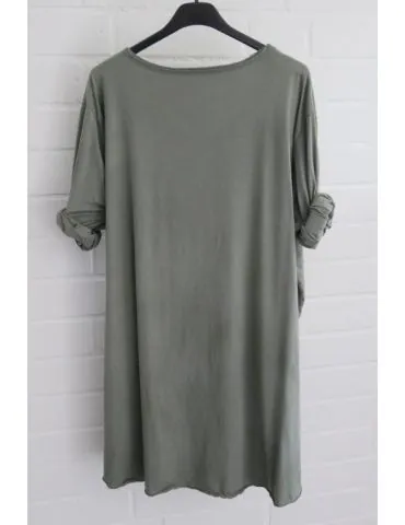 Damen langarm Shirt A-Form V-Ausschnitt khaki oliv grün uni Baumwolle Onesize 38 - 44 6561 LA