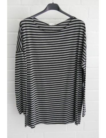 Damen Shirt langarm schwarz grau Streifen mit Baumwolle Onesize 38 - 44 1282