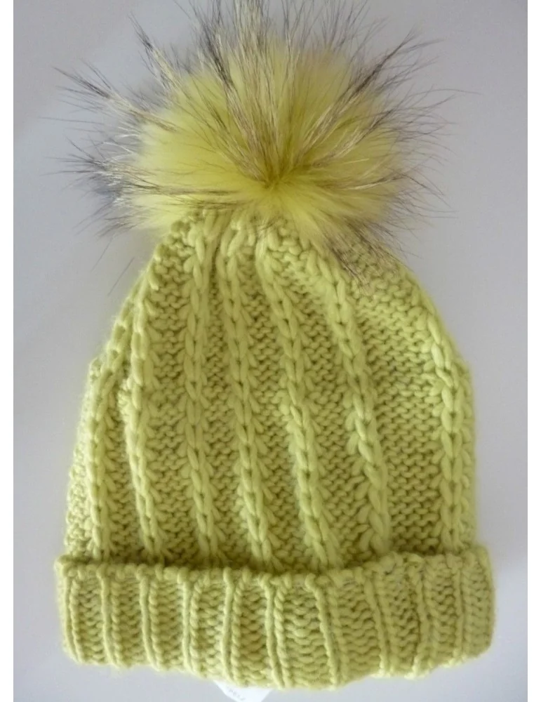 A-Zone Strick Mütze Beanie zitronen gelb Bommel Wolle Fleece gefüttert