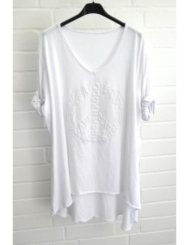 Damen langarm Shirt A-Form V-Ausschnitt 3D Peace Love weiß uni Baumwolle Onesize 38 - 44 6561 LA