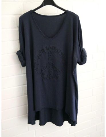 Damen langarm Shirt A-Form V-Ausschnitt 3D Peace Love dunkelblau uni Baumwolle Onesize 38 - 44 6561 LA
