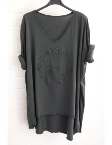 Damen langarm Shirt A-Form V-Ausschnitt 3D Peace Love anthrazit Baumwolle Onesize 38 - 44 6561 LA