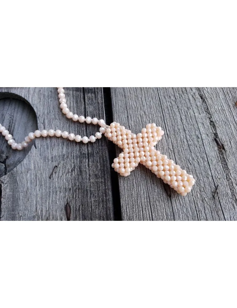 Modeschmuck Kette Halskette lang hellbeige Kristallperlen Kreuz Kunststoff Metall 1055