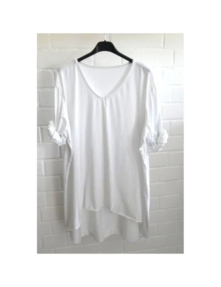 Damen langarm Shirt A-Form V-Ausschnitt weiß white uni Baumwolle Onesize ca. 38 - 44 6561 LA