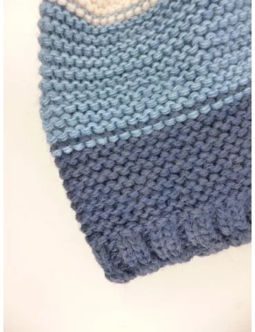 Zwillingsherz Mütze Beanie blau jeansblau creme Bommel Streifen mit Wolle und Fleece