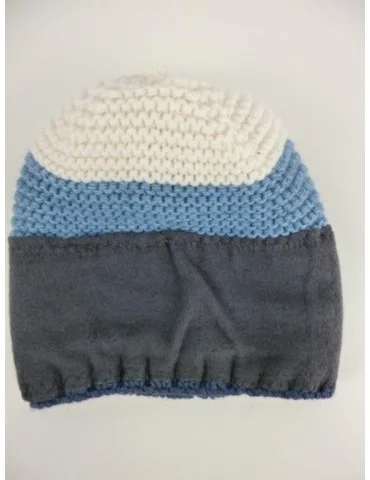 Zwillingsherz Mütze Beanie blau jeansblau creme Bommel Streifen mit Wolle und Fleece