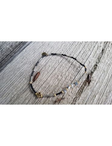 Giuno Armband Perlen Kleeblatt schwarz grau goldfarben elastisch ER 0291