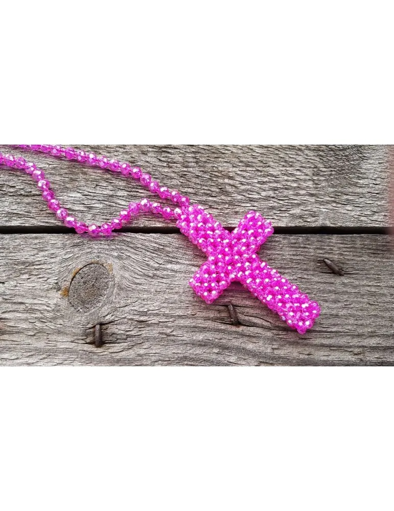 Modeschmuck Kette Halskette lang pink Kristallperlen Kreuz Kunststoff Metall 1055