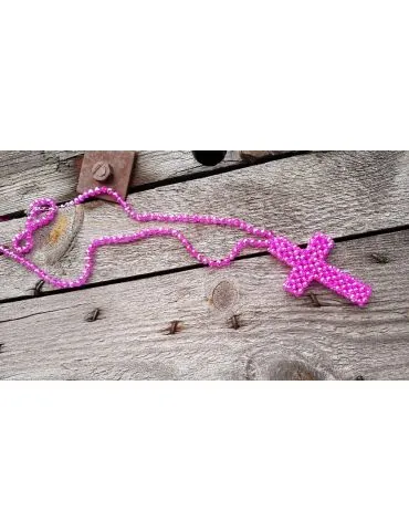 Modeschmuck Kette Halskette lang pink Kristallperlen Kreuz Kunststoff Metall 1055