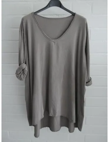 Damen langarm Shirt A-Form V-Ausschnitt  uni schlamm Baumwolle Onesize 38 - 44 6561 LA
