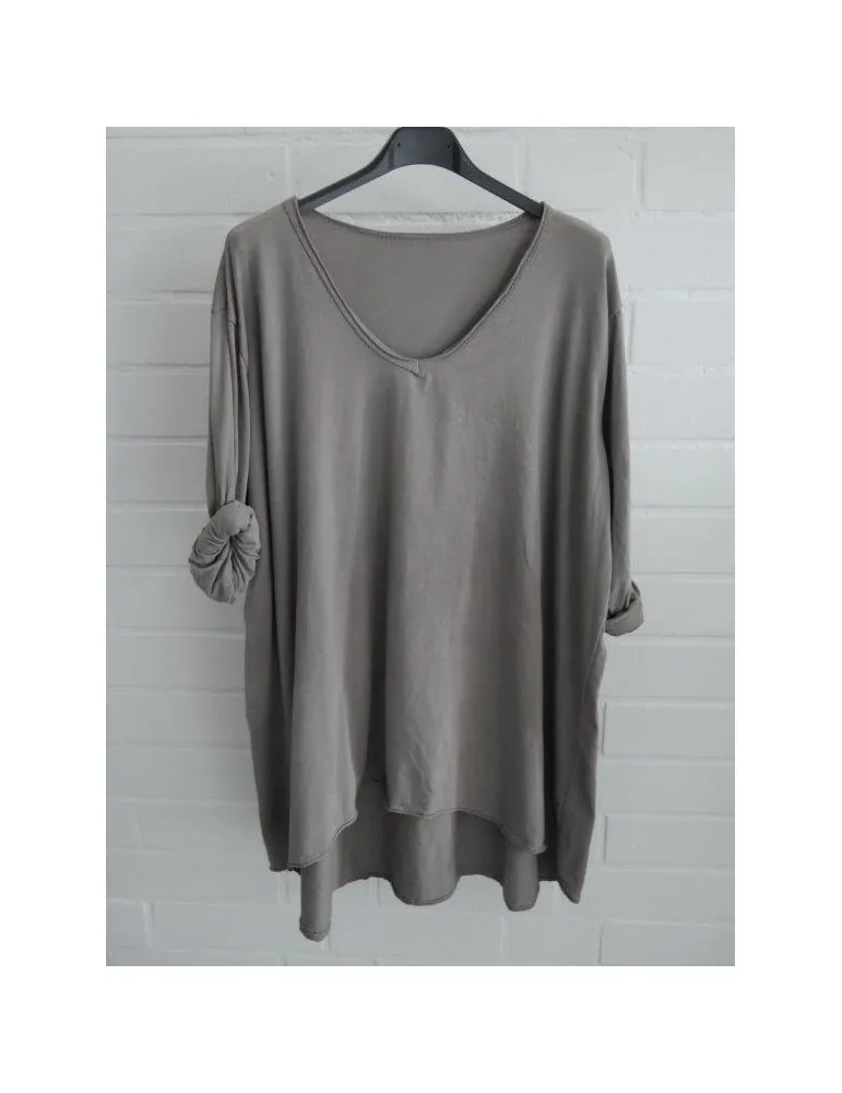 Damen langarm Shirt A-Form V-Ausschnitt  uni schlamm Baumwolle Onesize 38 - 44 6561 LA