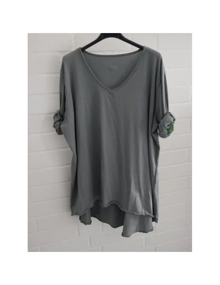Damen langarm Shirt A-Form V-Ausschnitt  uni grau Baumwolle Onesize 38 - 44 6561 LA