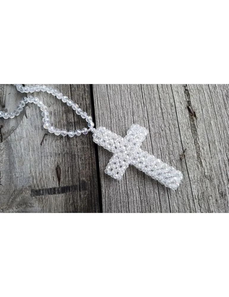 Modeschmuck Kette Halskette lang klar Kristallperlen Kreuz Kunststoff Metall 1055