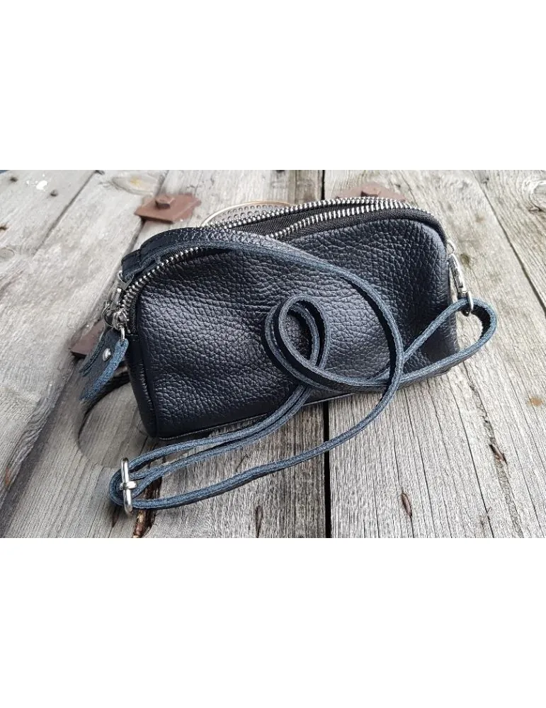 Kosmetiktasche kleine Handtasche schwarz black uni Echtes Leder