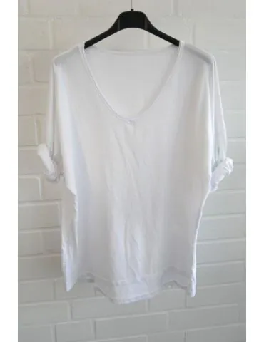 Damen langarm Shirt V-Ausschnitt uni weiß white Baumwolle Onesize 38 - 42 8320