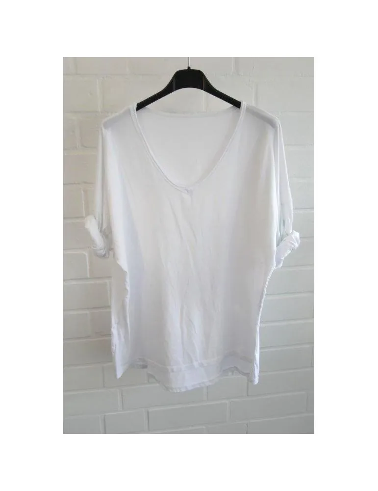 Damen langarm Shirt V-Ausschnitt uni weiß white Baumwolle Onesize 38 - 42 8320