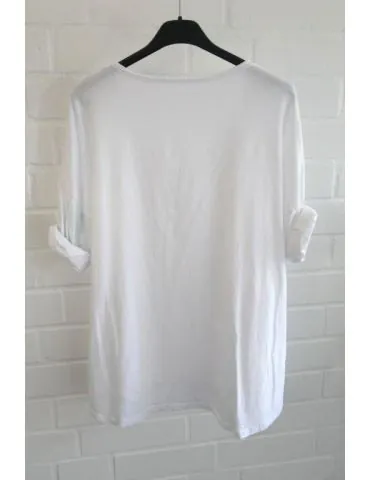 Damen langarm Shirt V-Ausschnitt uni weiß white Baumwolle Onesize 38 - 42 8320