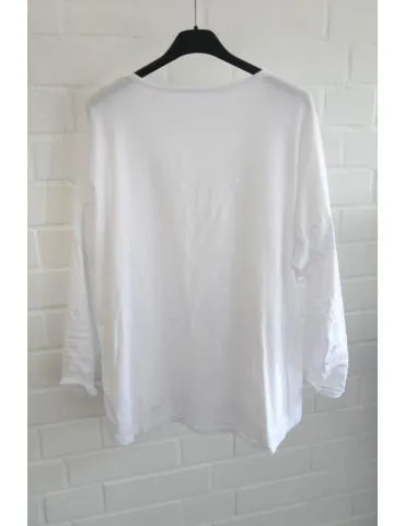 Damen langarm Shirt V-Ausschnitt uni weiß white Baumwolle Onesize 38 - 42 8320