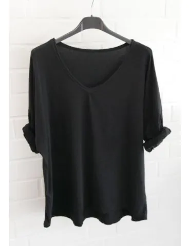 Damen langarm Shirt V-Ausschnitt uni schwarz black Baumwolle Onesize 38 - 44 8320