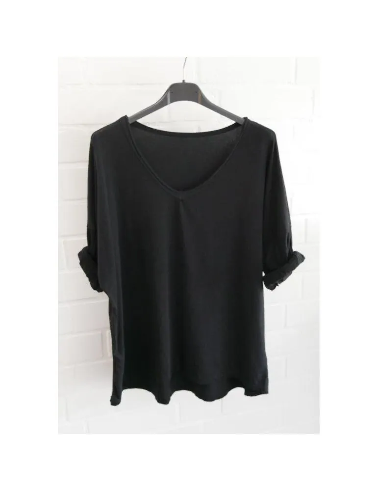 Damen langarm Shirt V-Ausschnitt uni schwarz black Baumwolle Onesize 38 - 44 8320