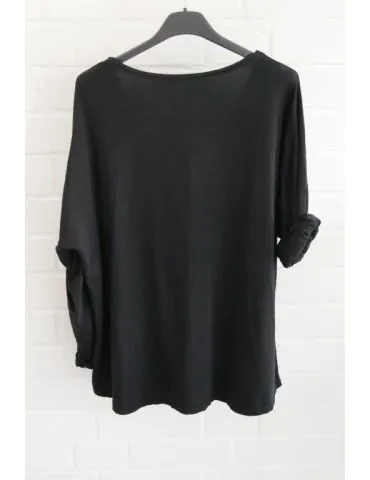 Damen langarm Shirt V-Ausschnitt uni schwarz black Baumwolle Onesize 38 - 42 8320