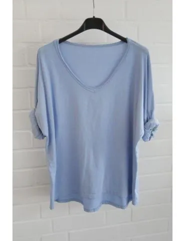 Damen langarm Shirt V-Ausschnitt uni hellblau Baumwolle Onesize 38 - 44 8320